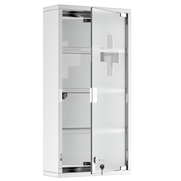 Newboti Furniture Wall Mounted Medicine Cabinet, Locking Wall Cabinet with 4 Tier Shelves, Stainless Steel Frame and Glass Door, Lockable with 2 Keys, Silver, 12" x 24" BN.7929
