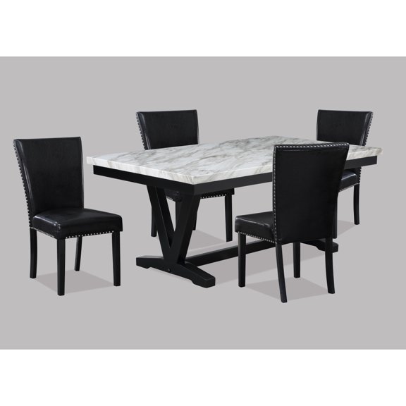 Newboti Furniture White Faux Marble & Black Finish Dining Table Set Black Faux Leather Upholstered Chairs Nailhead Trim Polyurethane Fabric 5pc Set BN.3388