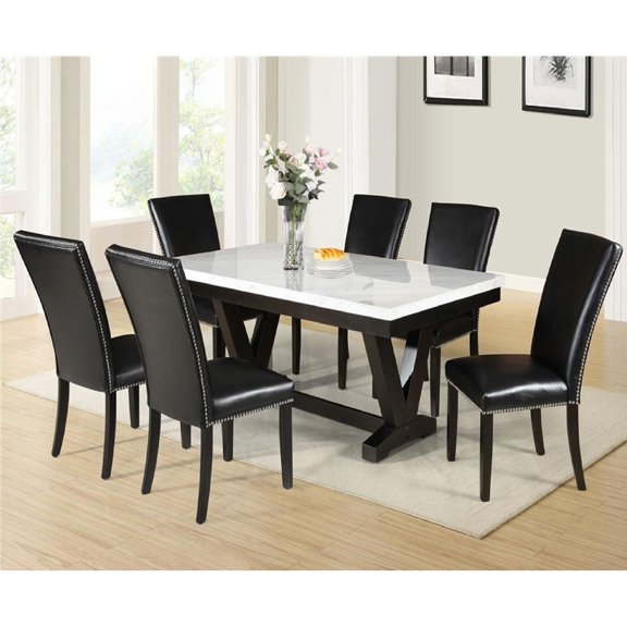 Newboti Furniture White Faux Marble & Black Finish Dining Table Set Black Faux Leather Upholstered Chairs Nailhead Trim Polyurethane Fabric 7pc Set BN.6244