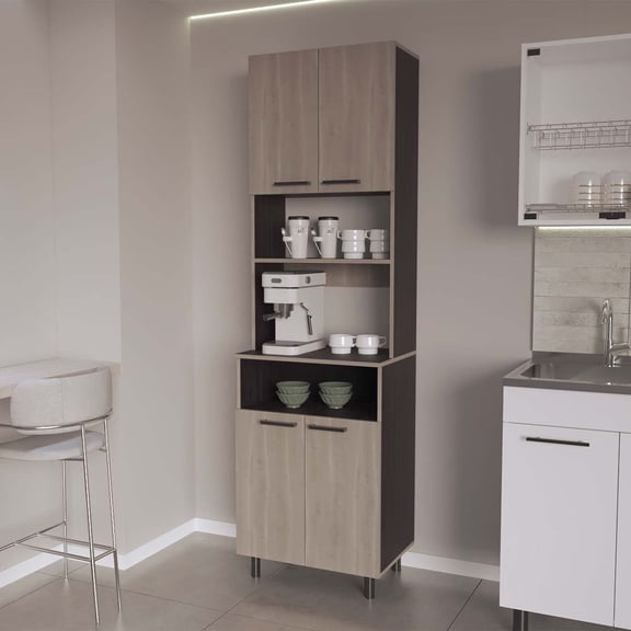 Newboti Furniture White Oak and Wengue Kitchen Pantry with Open Storage and 4 Doors BN.4266