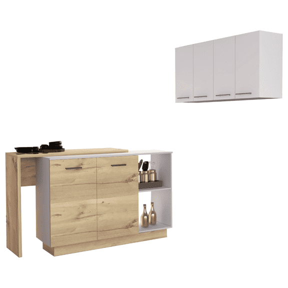 Newboti Furniture White and Light Oak 4-Shelf 6-Door 2-piece Kitchen Set, Kitchen Island and Upper Wall Cabinet 28820