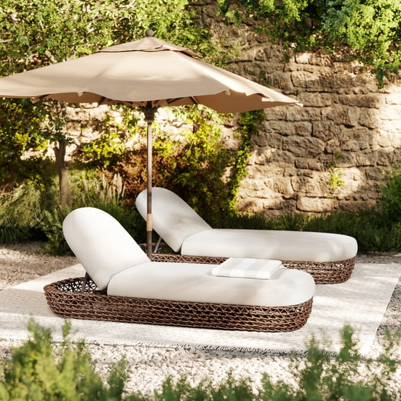 Newboti Furniture Willow 80.5" Sunbrella Upholstered Woven Patio Lounger, Golden Brown Wicker Frame, Wheat Beige BN.9788
