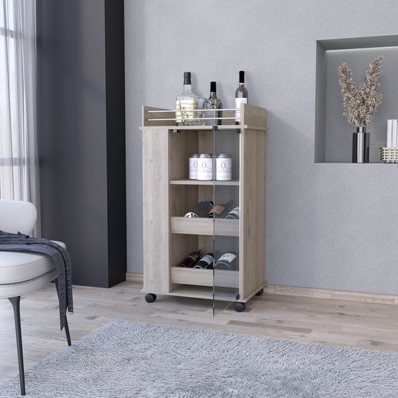 Newboti Furniture Willow Park Glass Door Bar Cart with Bottle Holder and Casters Light Gray 29315