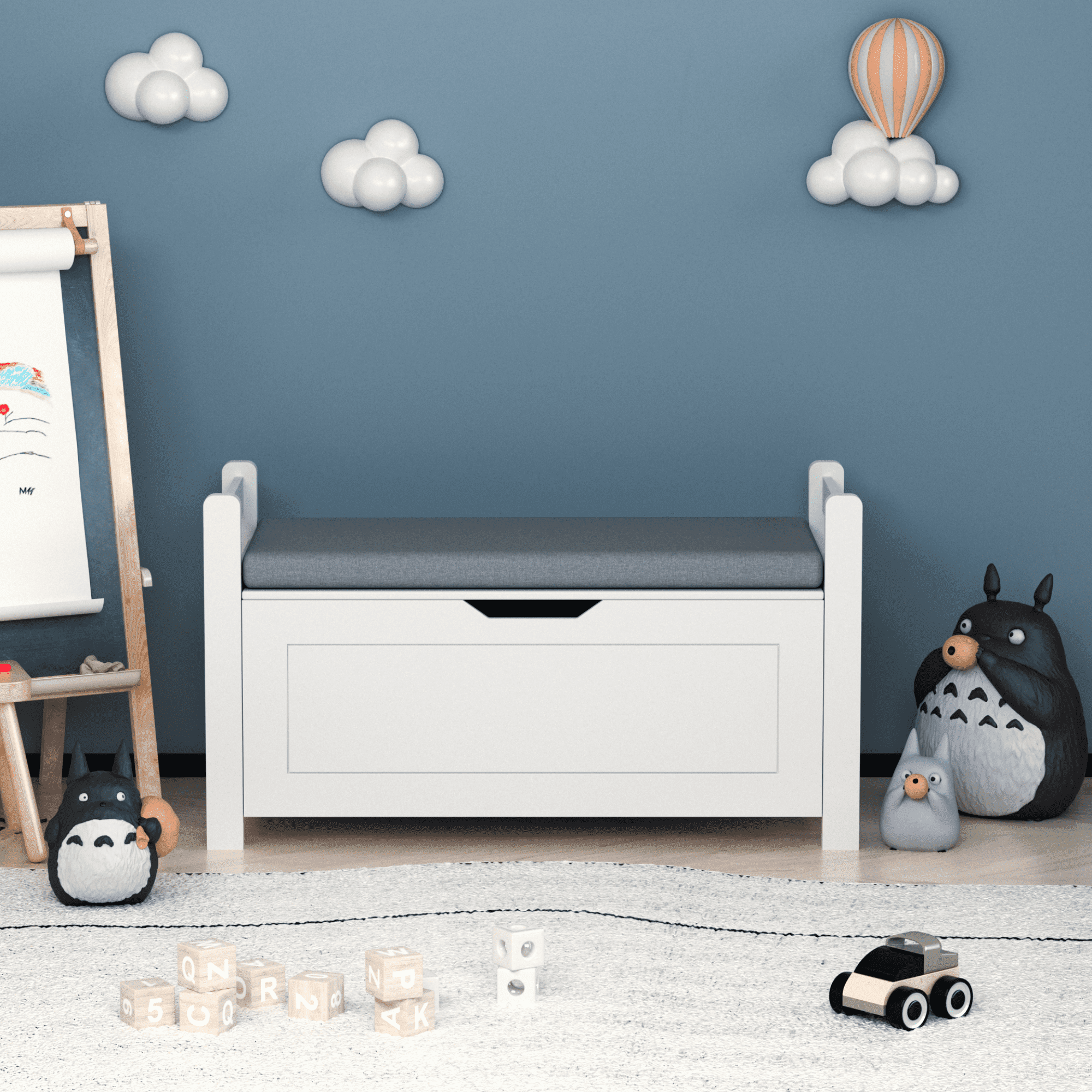 Newboti Kids Toy Box Chest, White Rubber Wood Toy Box for Boys Girls, Large Storage Cabinet with Cushion Seat Bench/Flip-Top Lid/Safety Hinge, Toy Storage Organizer Trunk for Nursery, Playroom 22276