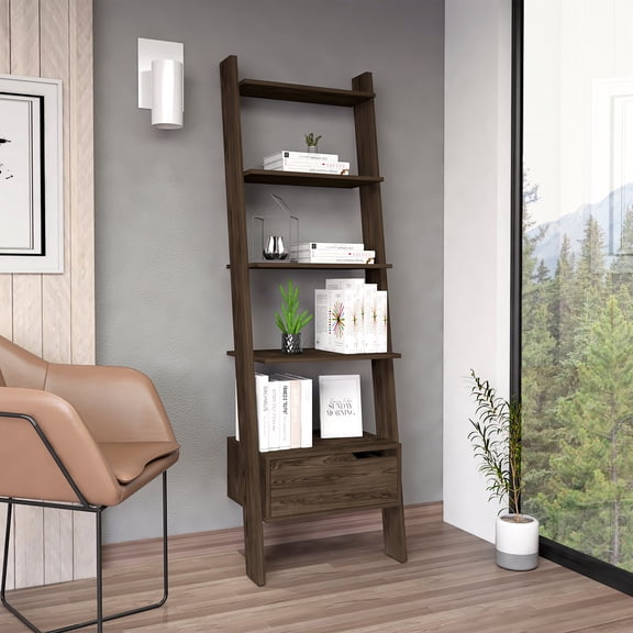 Newboti Ladder Bookcase, One Drawer, Five Open Shelves, Dark Walnut 47959397255038