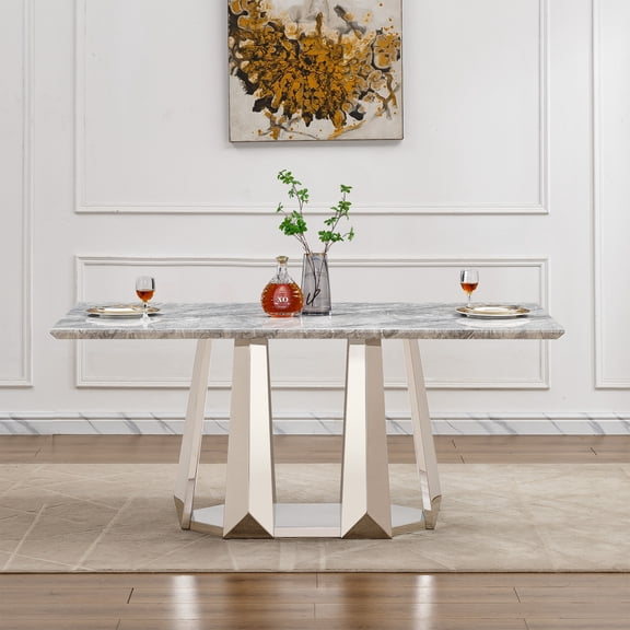 Newboti Marble Dining Table for 6 People, 70'' Rectangle Faux Marble Dining Table with Mirrored Finish Stainless Steel Base, Modern Large Size Marble Kitchen Table (Silver,Grey)(only table) BN.7592