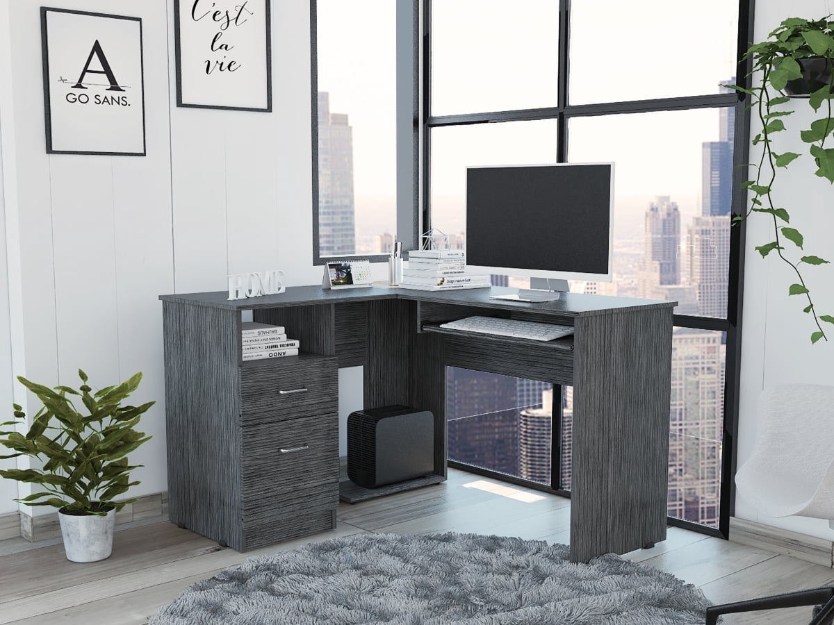 Newboti Mix L-Shaped Desk, Keyboard Tray, Two Drawers, Single Open Shelf -Smokey Oak 081406097919853