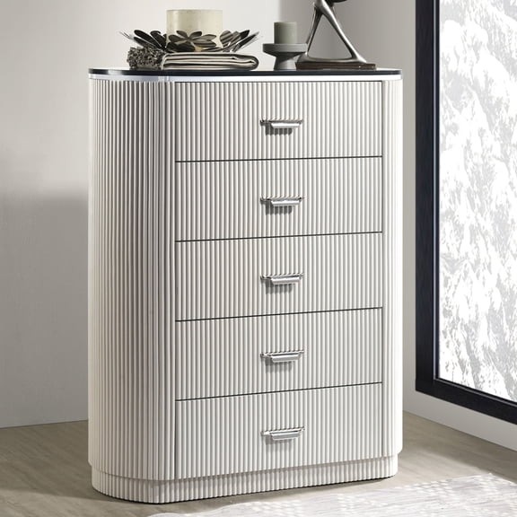 Newboti Modern Contemporary Style 1pc Chest Unique Look Chrome Handles Cultured Stone On Top 5-English Dovetail Drawers Vertical Receded Silver Line Light Gray Finish Bedroom Furniture BN.0156
