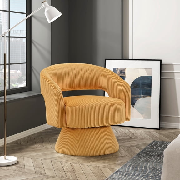Newboti Modern Luxurious Swivel Accent Chair Yellow Soft Corduroy Upholstery Plush Seating Solid Wood Stylish Home Furniture 1pc 0624365228366088