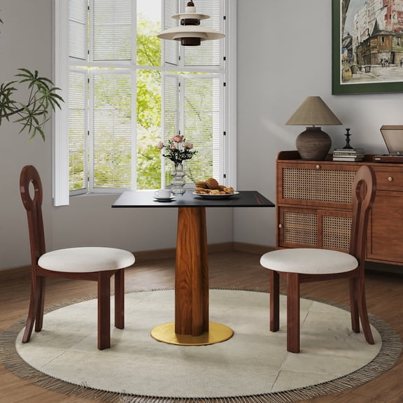 Newboti Modern Square Dining Table, 33.5" Sintered Stone Table with Wooden Leg & Gold Base, 2 - Person Kitchen Table for Small Space, 150lbs Weight Capacity(Only the Negotiation Table) BN.2218