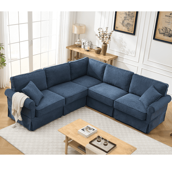 Newboti Modular Sectional Sofa Set,Convertible L Shaped Couch, 5 Seat,Reversible Sectional Sofa Couch,Upholstered,Corner Sofa,Rolled Arms,Soft Linen Fabric, Dark blue 590380385887475