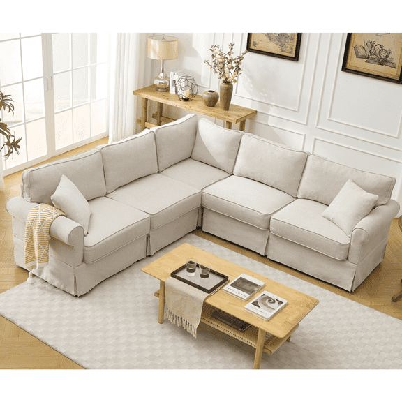 Newboti Modular Sectional Sofa Set,Convertible L Shaped Couch, 5 Seat,Reversible Sectional Sofa Couch,Upholstered,Corner Sofa,Rolled Arms,Soft Linen Fabric, Beige 525473134398928