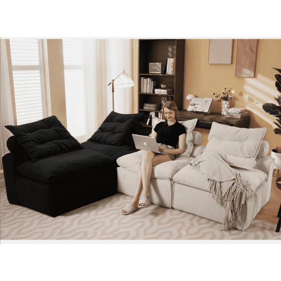 Newboti Modular Sofa,No Armrests,At will DIY,Corduroy, Neck Pillow-Back Lounge Sofa Chair,Reading Nook, or Apartment Living, Lumbar Pillow,4 Seats,Upholstered,Beige,Black 302256295551346