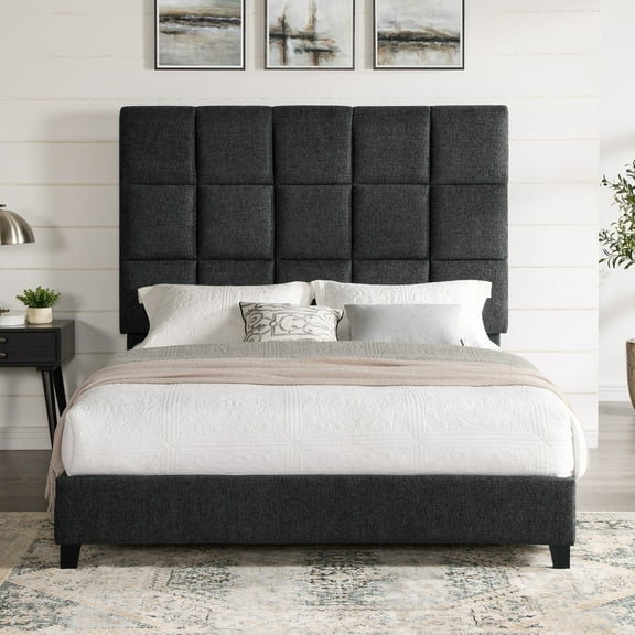 Newboti Queen Size Grey Squares Upholstered Platform Bed 392638964098339