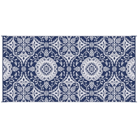 Newboti Reversible Outdoor Rug Carpet, 9' x 18' Waterproof Plastic Straw Rug, Portable RV Camping Rugs with Carry Bag, Large Floor Mat for Backyard, Deck, Picnic, Beach, Blue & White Floral BN.4023