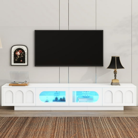 Newboti TV Stand with Fluted tempered Glass Doors for TVs Up to 95", Functional Media Console with Arched Cabinet Doors, Entertainment Center with APP-Controlled LED Light for Living Room, White 62183
