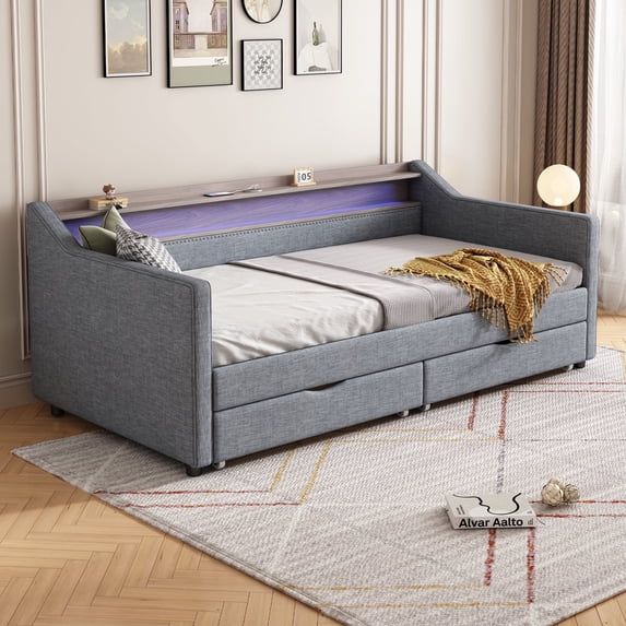 Newboti Twin Size Daybed with 2 Storage Drawers and 2-Tier Shelf & Wireless Charger/USB/Type-C Port, Modern Linen Upholstered Sofa Day Bed Frame with Smart LED Light for Livingroom, Apartment,Ligh 097