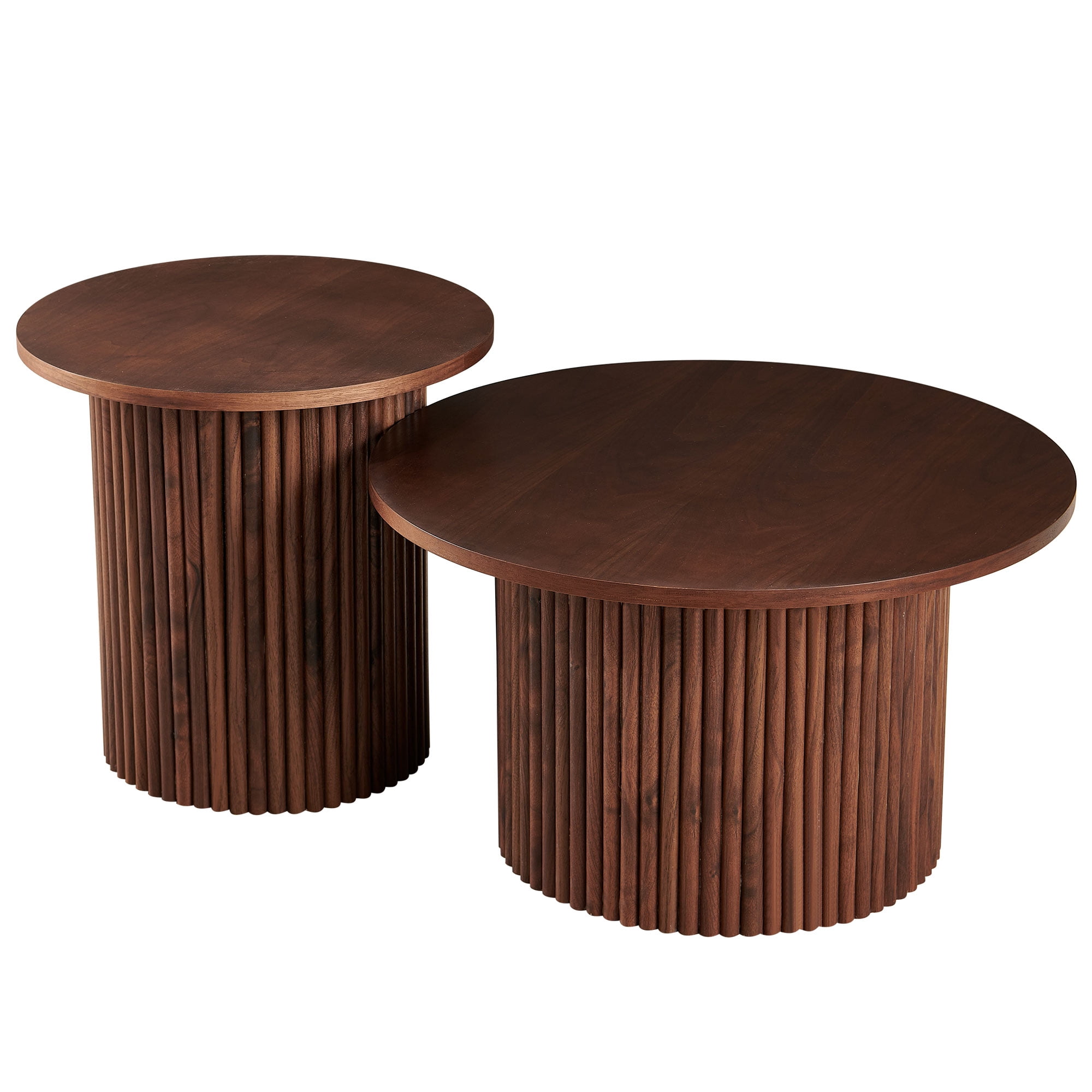 Newboti Walnut Wood Veneer Tabletop, Set of 2 Round Coffee Tables ...