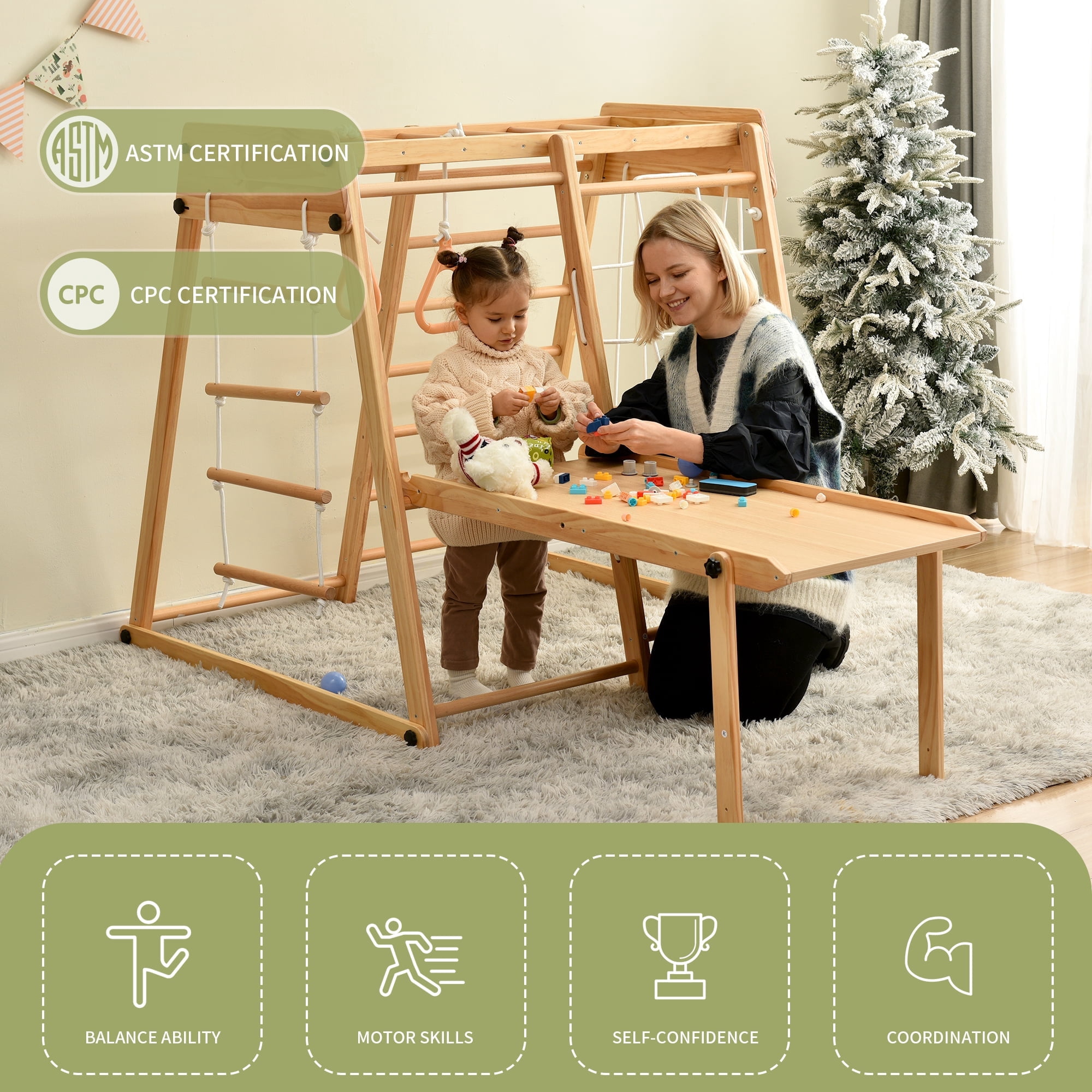 VEVOR Indoor Wooden Jungle Gym For Kids, 8 In 1 Playset With Slide, Swing, Monkey Bars, Gym Rings, Ladders, Climbing Net Color SX20211008 - Best Buy - View #3