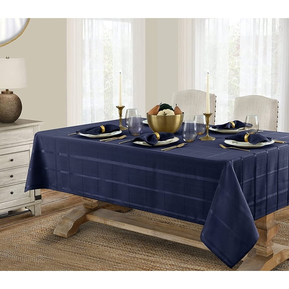 Newbridge 52 x 52 Inch Square Fabric Tablecloth, Elegance Plaid, 100% Polyester, No Iron Soil Resistant Dining Room, Party and Banquet Table Cover, Solid Textured, Navy