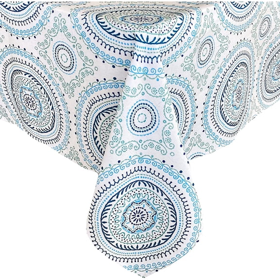 Newbridge 60 x 102 Inch Rectangle Fabric Tablecloth, Blue Circle Stitch, Indoor Outdoor Table Cover
