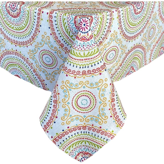 Newbridge 60 x 120 Inch Rectangle Fabric Tablecloth, Coral and Green Circle Stitch, Indoor Outdoor No Iron Soil Resistant Dining Room, Party and Banquet Table Cover, Modern Boho Chic Print