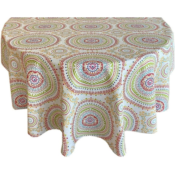 Newbridge 60 x 84 Inch Oval Fabric Tablecloth, Coral and Green Circle Stitch, Indoor Outdoor No Iron Soil Resistant Dining Room, Party and Banquet Table Cover, Modern Boho Chic Print