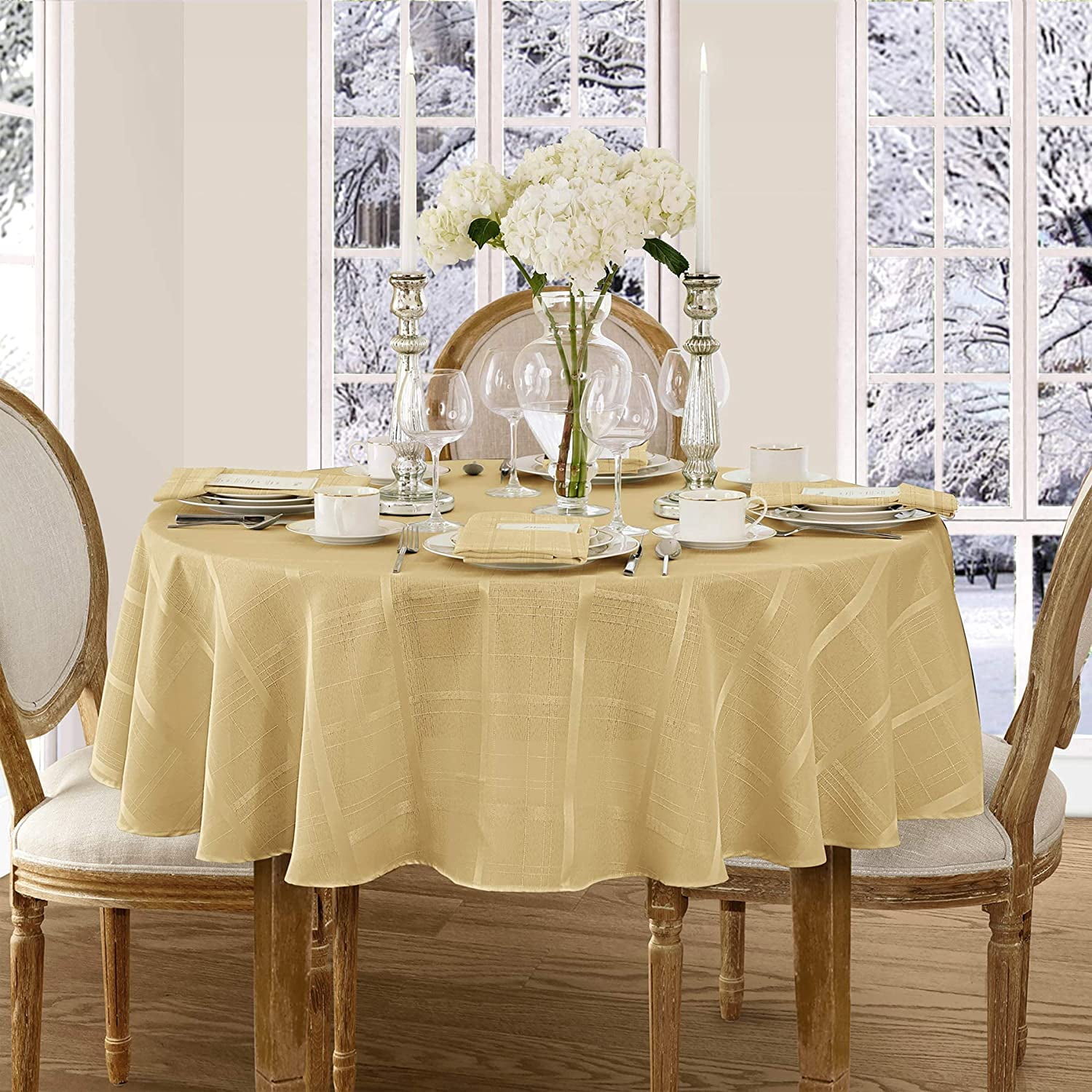 Gold Jacquard Damask Oval Tablecloth with Stain Protection