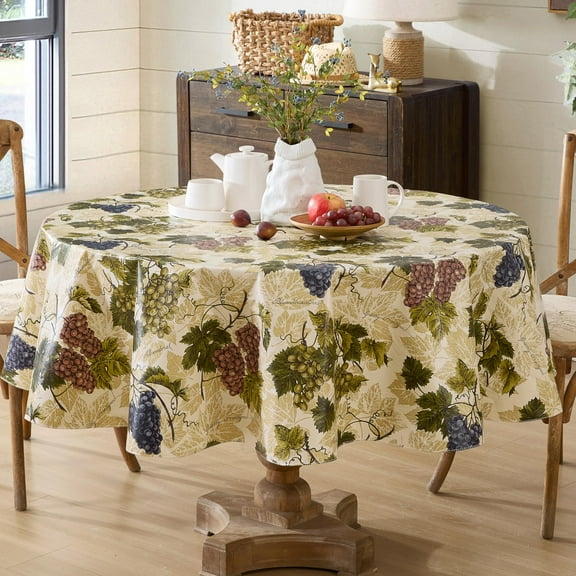 Newbridge 70 Inch Round Vinyl Tablecloth with Flannel Backing, Grapevine Print, Grape Theme Indoor Outdoor Waterproof Table Cover, Picnic, Barbeque, Patio and Kitchen Dining