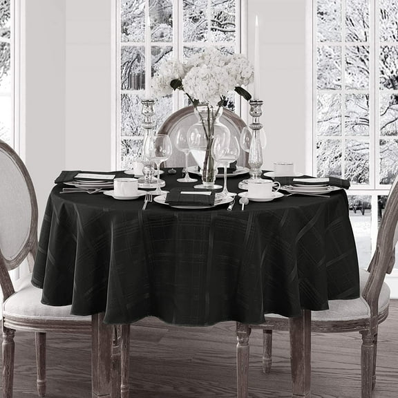 Newbridge 90 Inch Round Fabric Tablecloth, Elegance Plaid, 100% Polyester, No Iron Soil Resistant Dining Room, Party and Banquet Table Cover, Solid Textured, Black