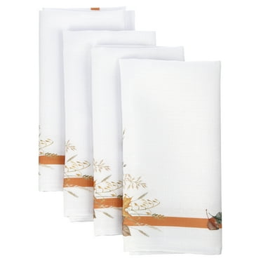 Newbridge Abundant Harvest Bordered Thanksgiving Fabric Napkins, Pumpkin, Gourd and Falling Leaf Cottage Print Easy Care Autumn Napkins, Set of 8 Fabric Napkins