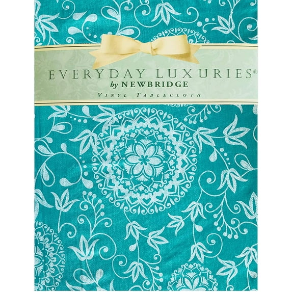 Newbridge Amiel Shabby Chic Medallion Vinyl Flannel Backed Tablecloth - 60 Inch x 84 Inch Oblong/Rectangle, Blue