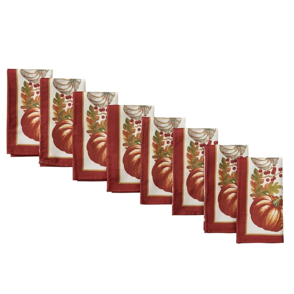Holiday Autumn Bounty Bordered Thanksgiving Harvest Set of 8 Fabric Dining Napkins