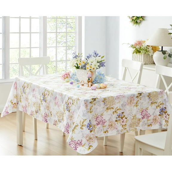 Newbridge Avery Garden Hydrangea Floral 60 x 84 inch Rectangle Vinyl Tablecloth with Flannel Backing