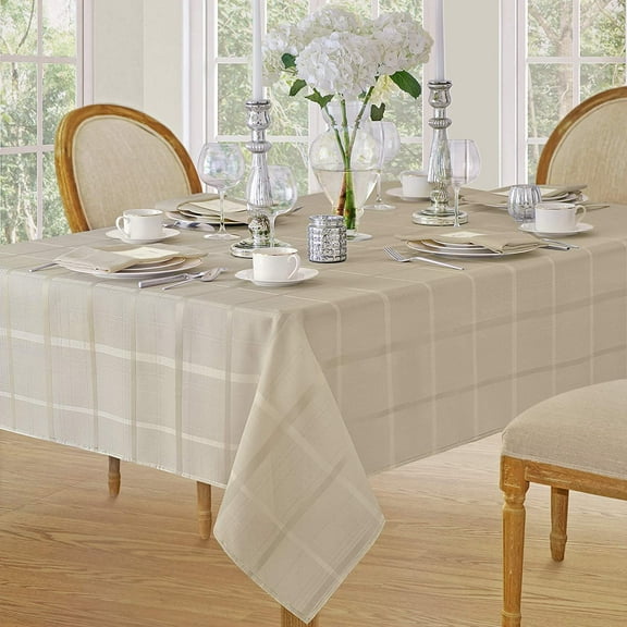 Newbridge Beige Elegance Plaid 52 x 70 inch Rectangle Fabric Dining Room Party Tablecloth