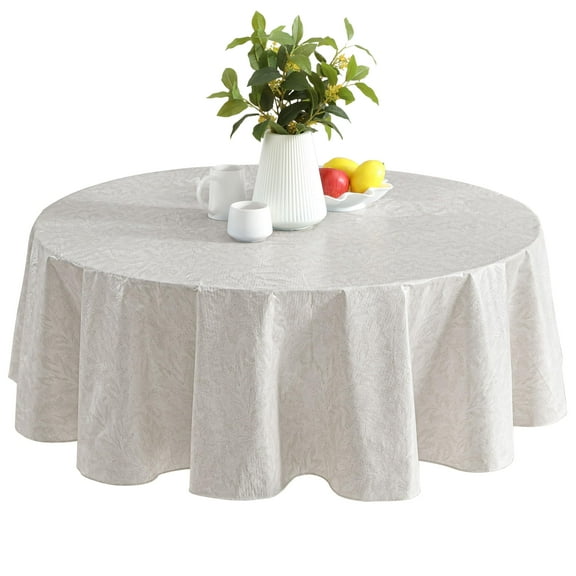 Newbridge Beige Napa Leaf Solid Color 70 inch Round Vinyl Flannel Backed Tablecloth