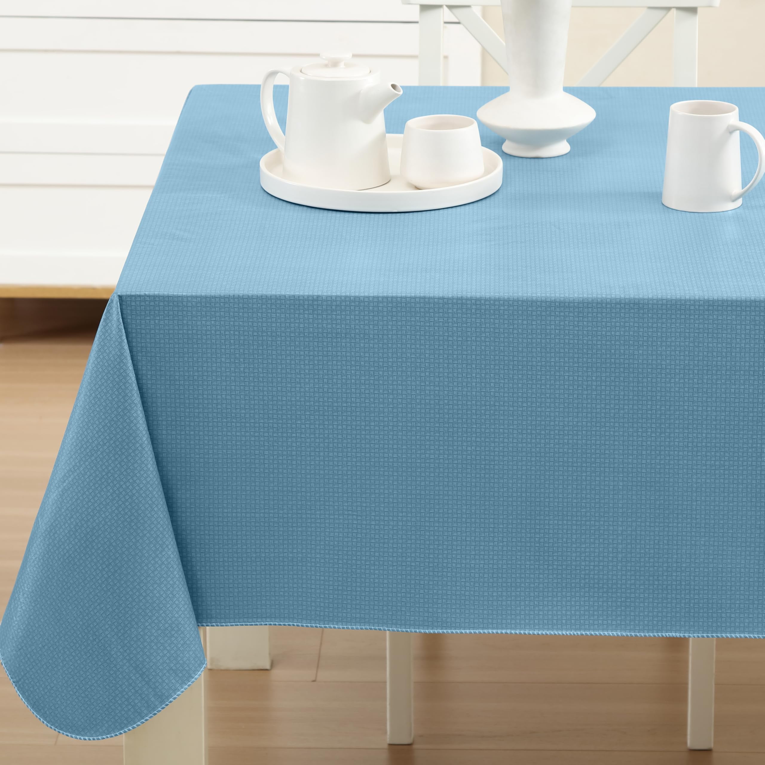 Newbridge Blue Basketweave 52 x 70 inch Rectangle Solid Vinyl Flannel Backed Dining Tablecloth ...