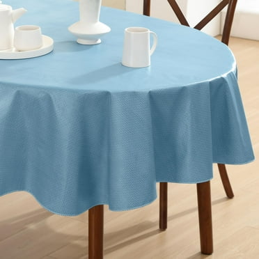 Newbridge Blue Basketweave 60 x 84 inch Oval Solid Vinyl Flannel Backed Dining Tablecloth