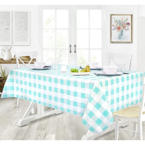 Newbridge Blue Pastel Easter Farmhouse Check Vinyl Tablecloth With Flannel Backing, Spring Gingham Flannel Backed Vinyl Tablecloth, 60” x 102” Oblong/Rectangle, Robins Egg Blue