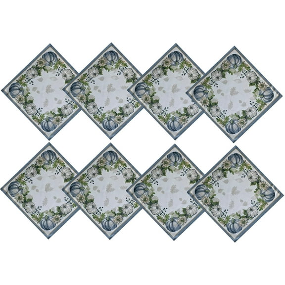 Newbridge Thanksgiving Blue Pumpkin Farmhouse Harvest Bordered Set of 8 Fabric Napkins