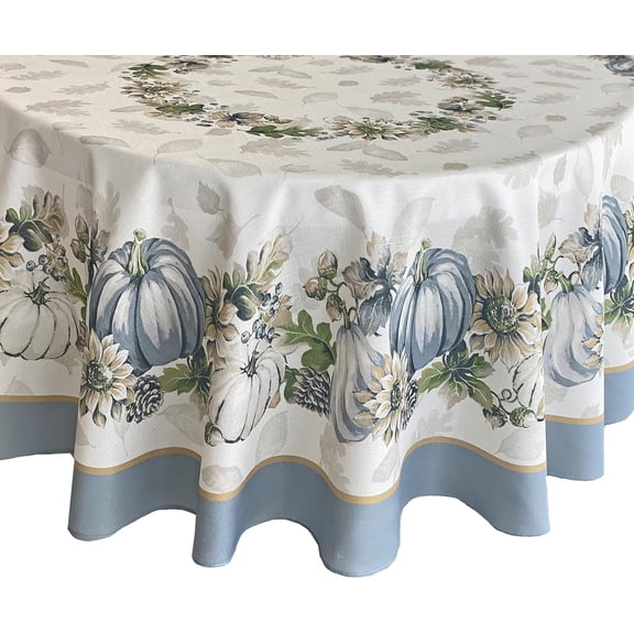 Newbridge Thanksgiving Blue Pumpkin Farmhouse Harvest Bordered 70 inch Round Fabric Tablecloth