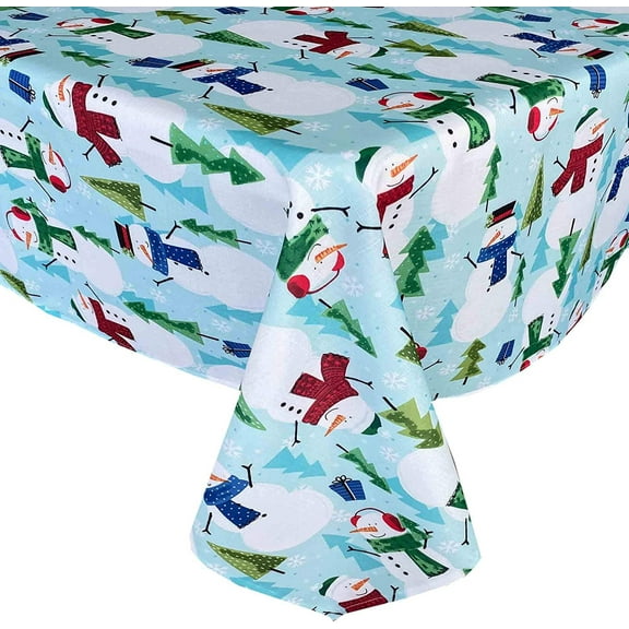 Newbridge Blue Snowman Fun and Evergreen Christmas 70 inch Round Fabric Dining Tablecloth