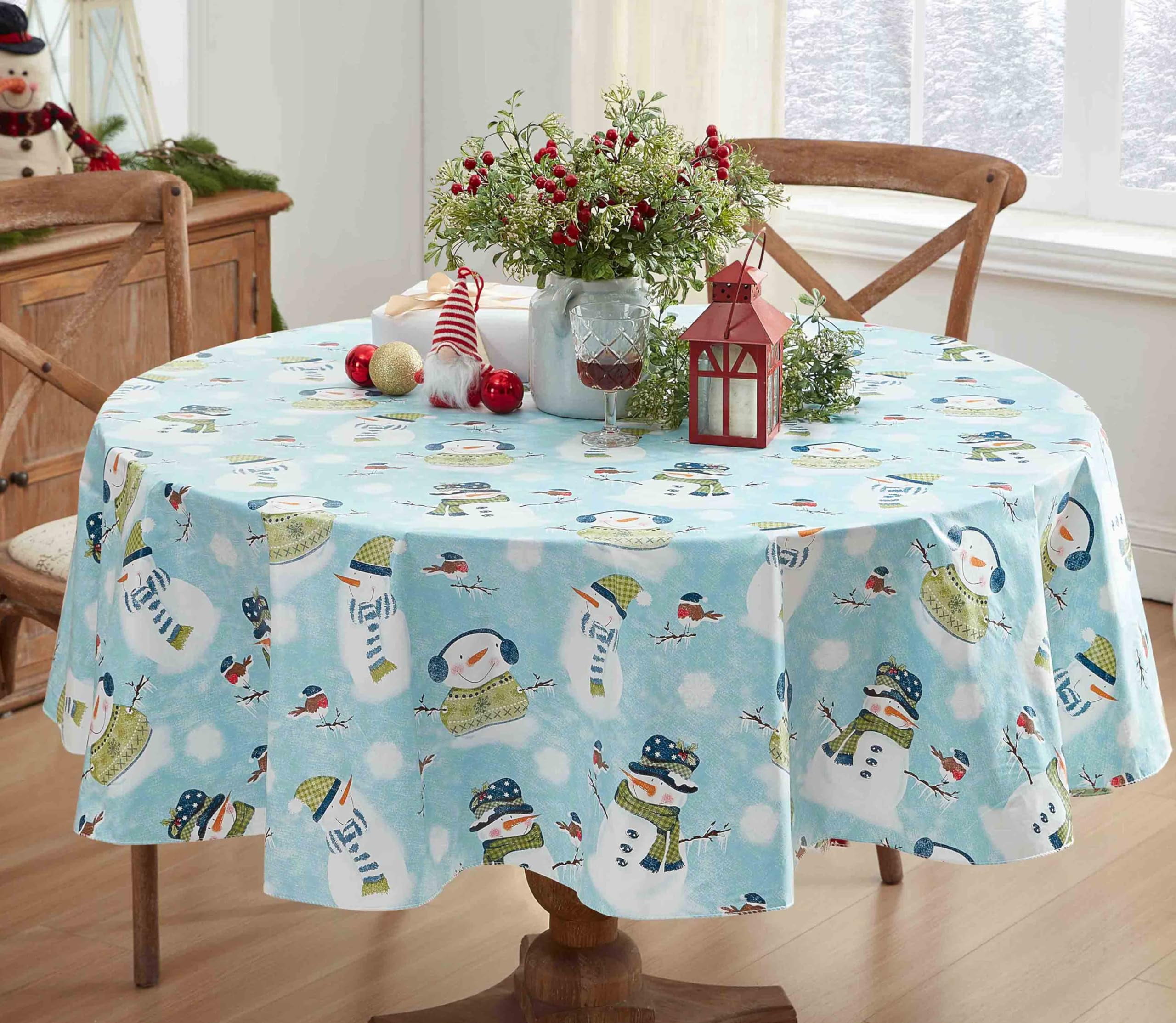 Blue Snowy Snowman Christmas Print 70 inch Round Vinyl Flannel Back