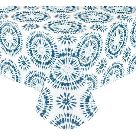 Newbridge Blue and White Circular Tie Dye 60 x 120 inch Rectangle Flannel Backed Vinyl Tablecloth