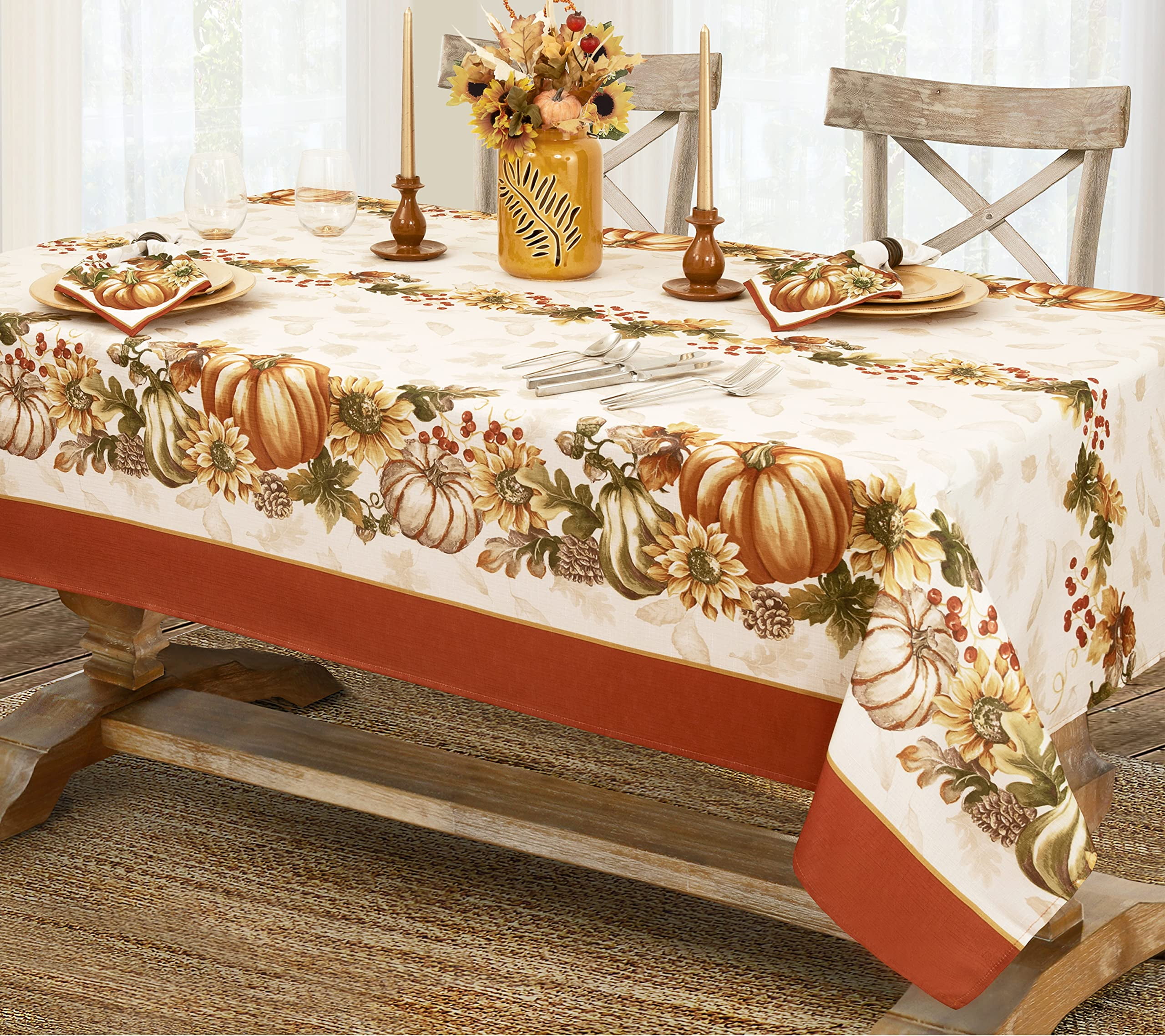 Autumn Harvest Pumpkin and Sunflower Fabric Tablecloth, 60" x 102"