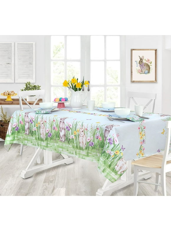 Newbridge Bunny Meadow Gingham Easter and Spring Fabric Bordered Tablecloth, 52" x 52" Square