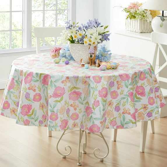 Newbridge Butterfly Field Floral Blooms 70 inch Round Vinyl Flannel Backed Tablecloth
