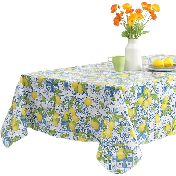 Newbridge Capri Lemon Vinyl Tablecloth with Flannel Backing, Lemon Citrus Kitchen Table Cover, 52 x 70 Inch Rectangle