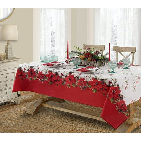 Newbridge Christmas Blooming Poinsettia’s Bordered 52 x 52 inch Square Fabric Dining Tablecloth