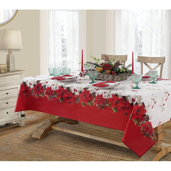 Newbridge Christmas Blooming Poinsettia’s Bordered 60 x 144 inch Rectangle Fabric Dining Tablecloth